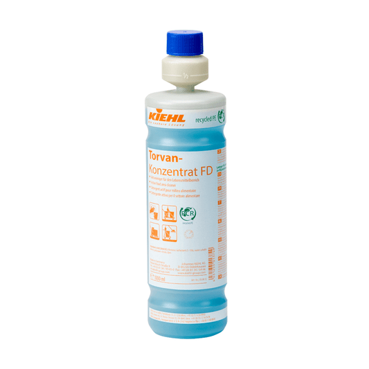 A 1-liter plastic bottle of Johannes Kiehl KG Kiehl Torvan Concentrate FD Active Cleaner for the food industry, with a blue cap and an orange label featuring instructions and symbols. The perfect cleaning concentrate for the food industry.