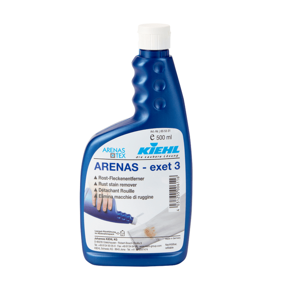 A blue 500 ml bottle of Kiehl ARENAS-exet 3 rust stain remover from Johannes Kiehl KG with multilingual text and an image showing hands removing rust stains from fabric.