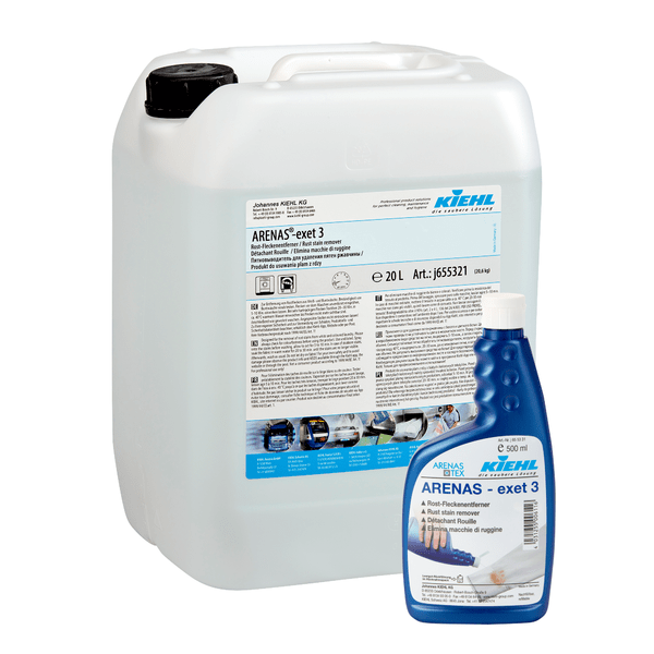 A white 20-liter plastic container and a blue 1-liter bottle of Kiehl ARENAS-exet 3 rust stain remover from Johannes Kiehl KG, both with product labels and instructions.