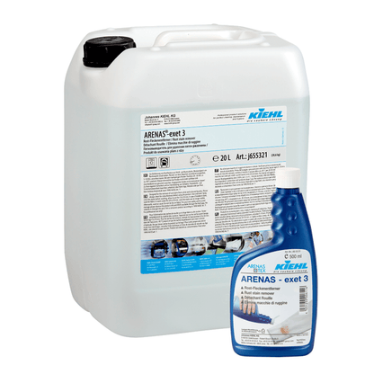 A white 20-liter plastic container and a blue 1-liter bottle of Kiehl ARENAS-exet 3 rust stain remover from Johannes Kiehl KG, both with product labels and instructions.