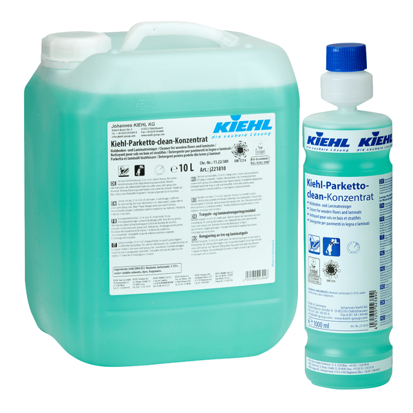 Six 1-liter bottles of Kiehl-Parketto-clean concentrate wood and laminate cleaner from Johannes Kiehl KG, each with a blue and white label and a blue cap, packed in a box.