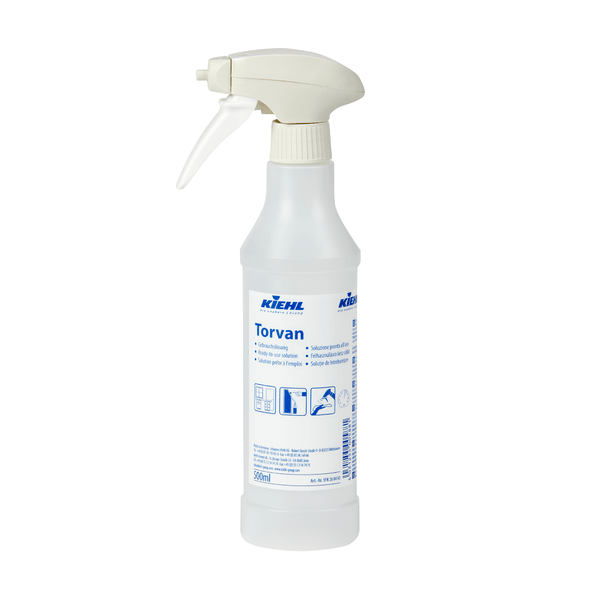 A white Kiehl Torvan 500 ml funnel bottle made of plastic by Johannes Kiehl KG, aerosol-free and labeled in multiple languages, is delivered empty with a spray head; package contains 6 bottles with 6 sprayers.