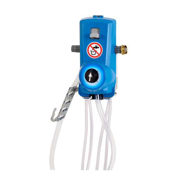 The Kiehl DosiJet-Select 4P-16L by Johannes Kiehl KG is a blue multi-dosing device for wall mounting, with white hoses, black dial, brass connection, left hook, and red "Do not drink" warning; Flow rate max: 16 L/min.