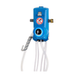 The Kiehl DosiJet-Select 4P-16L by Johannes Kiehl KG is a blue multi-dosing device for wall mounting, with white hoses, black dial, brass connection, left hook, and red "Do not drink" warning; Flow rate max: 16 L/min.