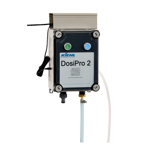The Kiehl DosiPro2 Programmable Quantity Dosing Device from Johannes Kiehl KG has a rectangular design with a gray-black front panel, labeled buttons, cables, and hoses mounted on a white background.