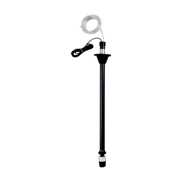 A black-silver cylindrical liquid transfer pump, Kiehl suction lance standard seal EPDM with empty message sensor from Johannes Kiehl KG, suitable for 10/20 L canisters, depicted on a white background.