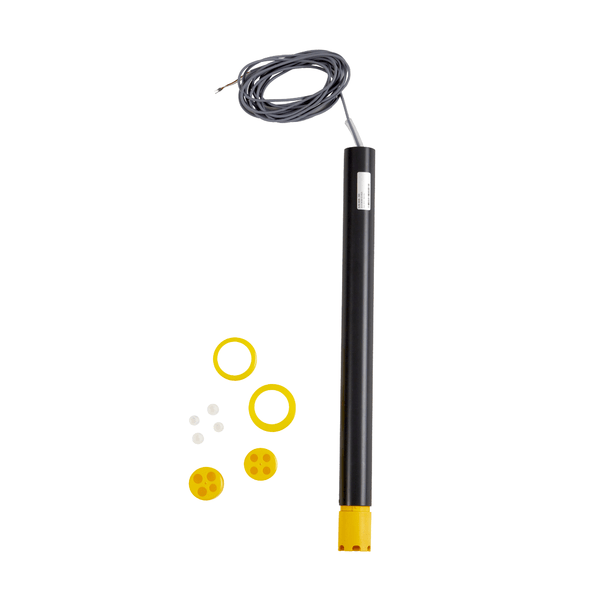 Pictured is a black cylindrical Kiehl Multi-Lance 500 multi-suction lance with empty signal electronics from Johannes Kiehl KG with a yellow cap and gray cable, next to yellow rings, discs, and small white circular parts. Suitable for ARCANDIS & ARENAS dosing devices.