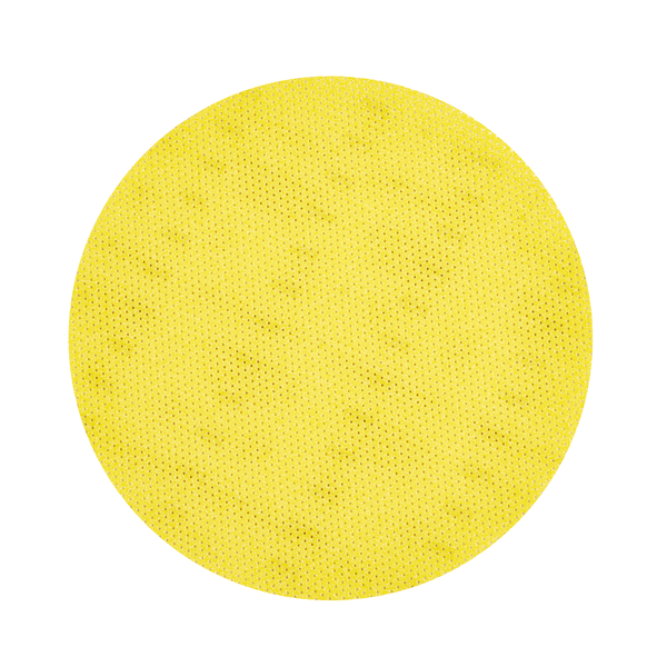 A yellow, round Kiehl-Woodmaster sanding pad from Johannes Kiehl KG with 80 grit and fine dot pattern, 16 inches (40.6 cm) in diameter, shown from above on a white background; package contains 10 pieces.