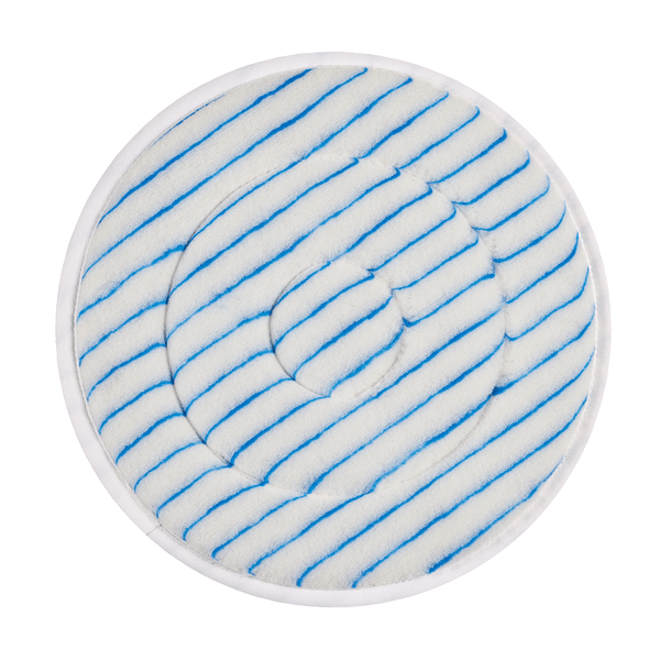 The Kiehl microfiber pad by Johannes Kiehl KG is a round, white cleaning pad with blue diagonal stripes and a spiral pattern, finished with a thin white edge - ideal for professional cleaning, depicted on a plain white background.