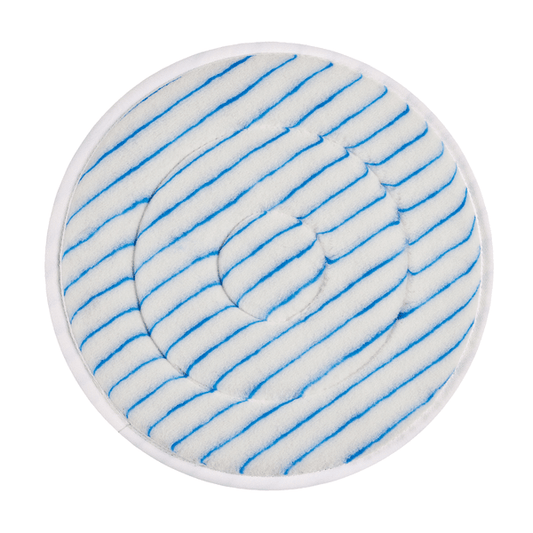 The Kiehl microfiber pad by Johannes Kiehl KG is a round, white cleaning pad with blue diagonal stripes and a spiral pattern, finished with a thin white edge - ideal for professional cleaning, depicted on a plain white background.