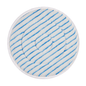 The Kiehl microfiber pad by Johannes Kiehl KG is a round, white cleaning pad with blue diagonal stripes and a spiral pattern, finished with a thin white edge - ideal for professional cleaning, depicted on a plain white background.
