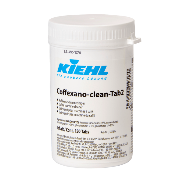 A white plastic container from Johannes Kiehl KG labeled "Kiehl Coffexano-cleanTab2 Coffee Machine Cleaner" holds 150 cleaning tabs for coffee machines and includes descriptions in German, English, and French with a screw cap.