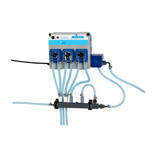 A wall-mounted Johannes Kiehl KG dosing system ARENAS-P3, consisting of three 18 L/h dosing pumps with blue dials, transparent outlet hoses, and the Kiehl logo on the top for precise liquid dosing.