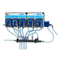 The Kiehl dosing system ARENAS-H5 from Johannes Kiehl KG is a wall-mounted device with five dosing pumps (30-120 L/h), clear hoses, central distributor, labels, and a blue electric module - ideal for industrial use. Delivered in a package.