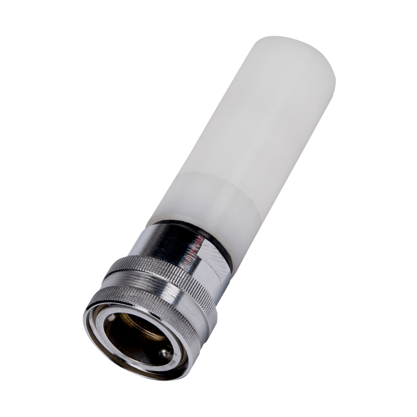 A close-up of a metal and white plastic adapter from Johannes Kiehl KG from the Kiehl foam attachment for LW FOC spray nozzle (1 piece), isolated on a white background.
