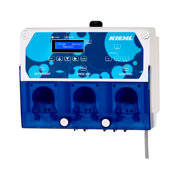 The Kiehl ARCANDIS Peredos 2L conductivity-controlled hose pump dosing system from Johannes Kiehl KG is a wall-mounted dispenser system with two pumps, digital adjustment options, and sections for cleaners, rinse aids, and additives.
