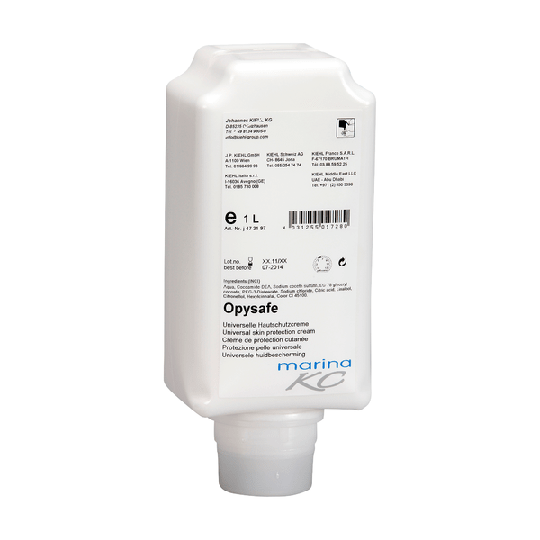 A white 1-liter plastic bottle of Kiehl Opysafe Universal Skin Protection Lotion by Johannes Kiehl KG, with detailed branding on the label and a bottom spout for easy dispensing.