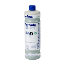 White 1L plastic bottle of Kiehl Tornado Power Cleaner from Johannes Kiehl KG with a blue cap and product information as well as eco-certification in blue lettering, ideal for industrial cleaning.