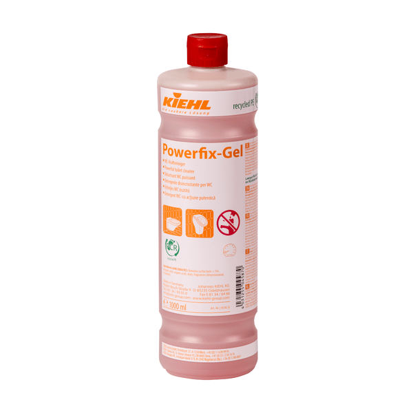 The 1L bottle of Kiehl Powerfix-Gel WC Power Cleaner by Johannes Kiehl KG, with a red cap and orange-white label, contains pink gel, which is ideal as a toilet cleaner and lime remover. Also available in cartons with 6 bottles.