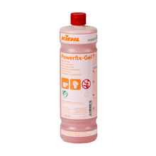 The 1L bottle of Kiehl Powerfix-Gel WC Power Cleaner by Johannes Kiehl KG, with a red cap and orange-white label, contains pink gel, which is ideal as a toilet cleaner and lime remover. Also available in cartons with 6 bottles.