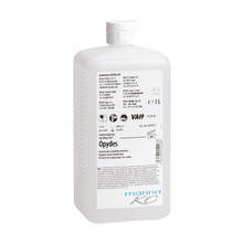 White 1-liter plastic bottle with a flip cap and white label with black and blue lettering, product information, symbols, and the brand "Johannes Kiehl KG." The product "Kiehl Opydes Hygienic Hand Disinfection" ensures effective germ reduction.
