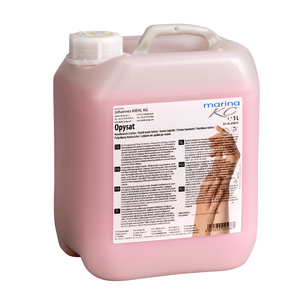 In a pink 5-liter plastic container with a white lid, labeled in several languages, is the Kiehl Opysat hand wash lotion from Johannes Kiehl KG, a pH-neutral soap for gentle hand cleaning.