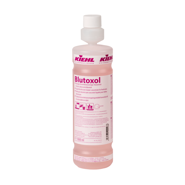 A 1-liter bottle of Kiehl Blutoxol Liquid Disinfectant Cleaner Concentrate for the food sector of Johannes Kiehl KG, a pink disinfectant with a childproof cap and multilingual instructions and warnings on the label.