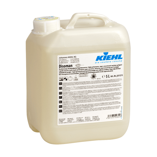 The 5-liter plastic container of Kiehl Disoman high-performance manual dishwashing detergent super concentrate from Johannes Kiehl KG features a white label with product information and branding, as well as a screw cap and a carrying handle for effective cleaning.