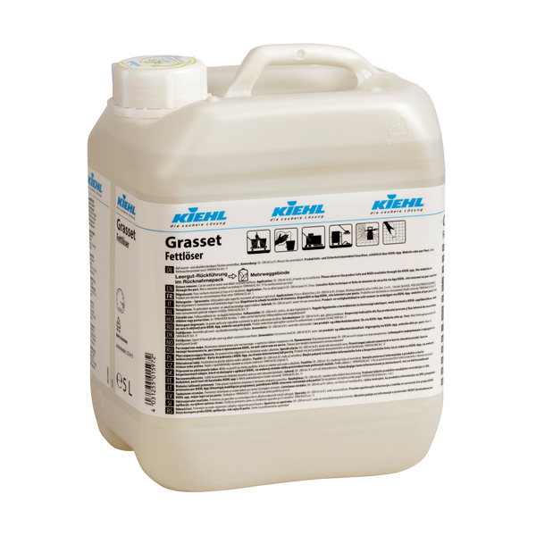 A 5-liter plastic container of Kiehl Grasset Grease Remover by Johannes Kiehl KG, a powerful kitchen grease remover with a white lid and detailed instructions and symbols on the front label.