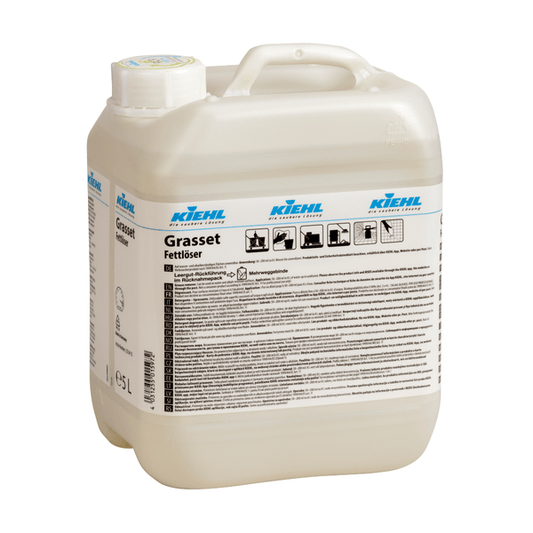 A 5-liter plastic container of Kiehl Grasset Grease Remover by Johannes Kiehl KG, a powerful kitchen grease remover with a white lid and detailed instructions and symbols on the front label.