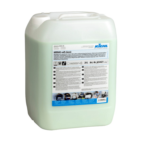 20-liter plastic container Kiehl ARENAS-soft fabric softener with long-lasting freshness formula from Johannes Kiehl KG with a white label with product information, application images, and multilingual text. Keeps laundry soft and ensures long-lasting freshness.