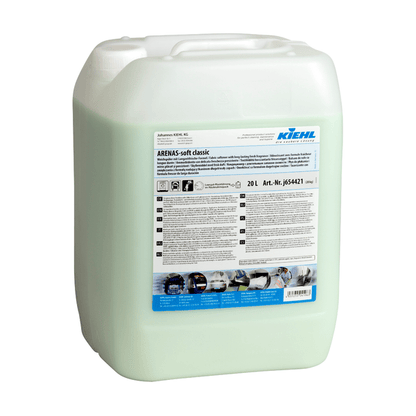20-liter plastic container Kiehl ARENAS-soft fabric softener with long-lasting freshness formula from Johannes Kiehl KG with a white label with product information, application images, and multilingual text. Keeps laundry soft and ensures long-lasting freshness.