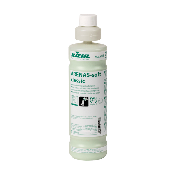 A white plastic bottle of Kiehl ARENAS-soft fabric softener with long-lasting freshness formula from Johannes Kiehl KG promises soft laundry and long-lasting freshness with a green label and cap, product info, and recycling symbols.