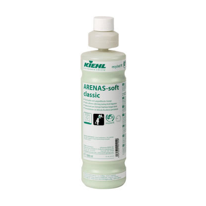 A white plastic bottle of Kiehl ARENAS-soft fabric softener with long-lasting freshness formula from Johannes Kiehl KG promises soft laundry and long-lasting freshness with a green label and cap, product info, and recycling symbols.