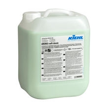 A 10-liter container made of translucent plastic with Kiehl ARENAS-soft fabric softener from Johannes Kiehl KG, with a white handle, detailed label, visible light green liquid, and long-lasting freshness formula for lasting freshness and soft laundry.