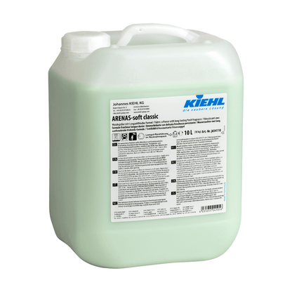 A 10-liter container made of translucent plastic with Kiehl ARENAS-soft fabric softener from Johannes Kiehl KG, with a white handle, detailed label, visible light green liquid, and long-lasting freshness formula for lasting freshness and soft laundry.