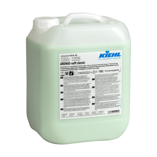 A 10-liter container made of translucent plastic with Kiehl ARENAS-soft fabric softener from Johannes Kiehl KG, with a white handle, detailed label, visible light green liquid, and long-lasting freshness formula for lasting freshness and soft laundry.