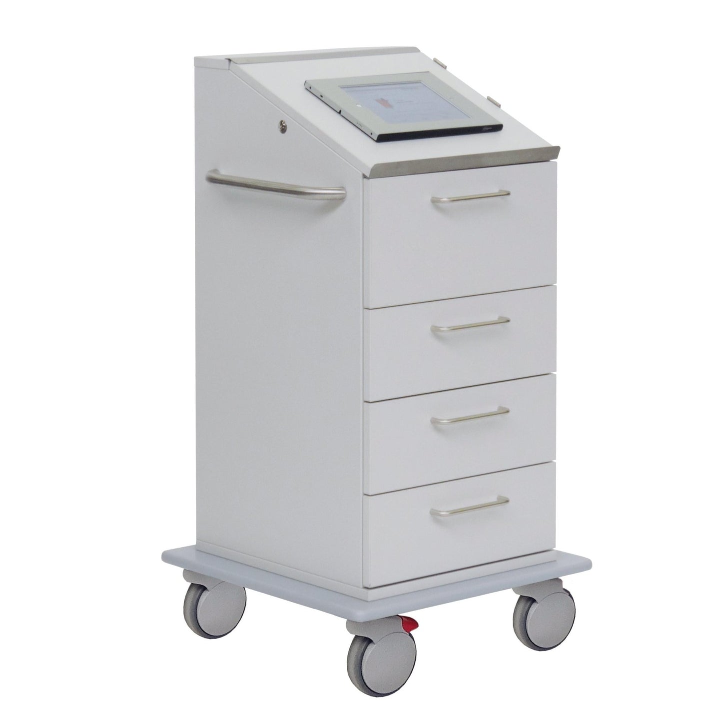 The Novocal I-Pad cart is a white, ergonomically designed medical cart with 4 drawers, a side handle, an integrated iPad holder on the sloped work surface, four wheels for mobility, and a red brake pedal for safety.