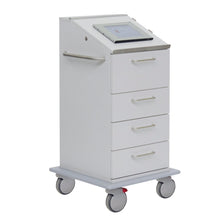 The Novocal I-Pad cart is a white, ergonomically designed medical cart with 4 drawers, a side handle, an integrated iPad holder on the sloped work surface, four wheels for mobility, and a red brake pedal for safety.