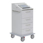 The Novocal I-Pad cart is a white, ergonomically designed medical cart with 4 drawers, a side handle, an integrated iPad holder on the sloped work surface, four wheels for mobility, and a red brake pedal for safety.