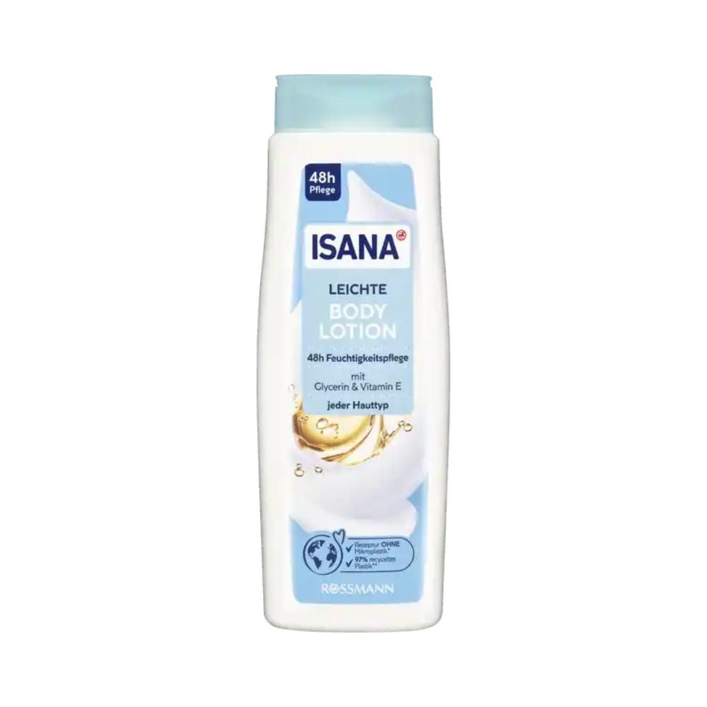 A white 400 ml bottle discontinued item: Isana light body lotion from Dirk Rossmann GmbH has a blue cap, a label with 48h moisture, glycerin, vitamin E, and for normal skin. The Rossmann logo is located at the bottom.