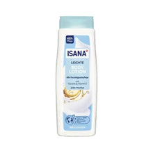 A white 400 ml bottle discontinued item: Isana light body lotion from Dirk Rossmann GmbH has a blue cap, a label with 48h moisture, glycerin, vitamin E, and for normal skin. The Rossmann logo is located at the bottom.