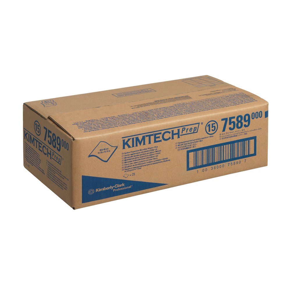 A sealed brown box labeled "Kimtech® microfiber surface wipes - Blue" from Kimberly-Clark GmbH contains 1 box with 25 sheets, ideal cleaning wipes for industrial surface cleaning. Blue text and barcodes appear on the packaging.