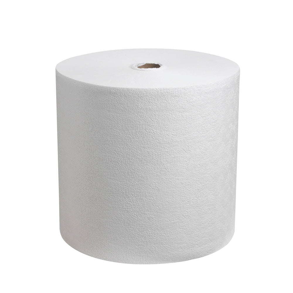 A Kimtech® Pure Wipes Large Roll (600 wipes, White) from Kimberly-Clark GmbH stands upright against a white background; the lint-free, textured wipes are neatly wrapped around a cardboard core with a visible opening.
