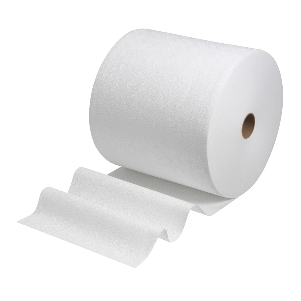 A large roll of white Kimtech® Pure Wipes from Kimberly-Clark GmbH (1 roll x 600 sheets) is depicted with some unrolled sheets against a plain white background.