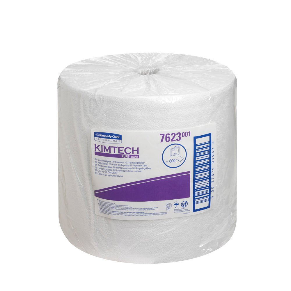 The Kimtech® Pure Wipes Large Roll from Kimberly-Clark GmbH offers 600 lint-free, white wipes per roll (1x600) in the carton-ideal for clean cleaning, with product info, barcode, and No. 7623 on the label.