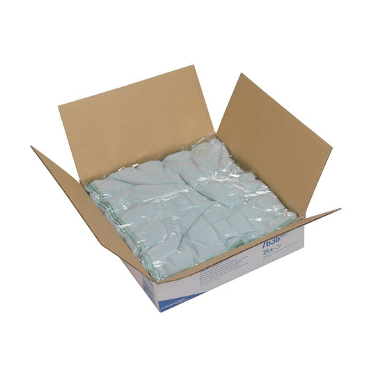 An opened box of Kimberly-Clark GmbH Kimtech® microfiber polishing cloths (39.00 x 39.00 cm) shows neatly folded, light blue cloths - ideal for streak-free cleaning in car care, with opened flaps and clearly visible contents.