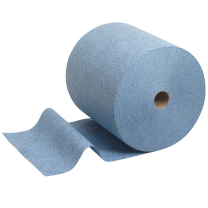 A Kimtech® process wipes large roll in blue (1 roll x 500 sheets) from Kimberly-Clark GmbH, with an unrolled wipe on a white background - ideal for industrial cleaning.