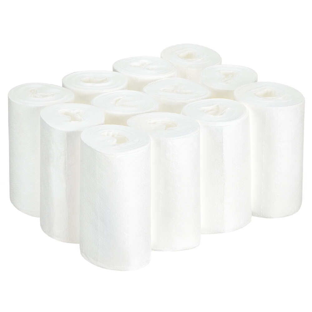 Twelve white rolls of Kimtech® Wettask™ DS Wipes small rolls from Kimberly-Clark GmbH stand upright in three rows, showing their soft, cylindrical shape - ideal for versatile cleaning. Each box contains 12 refill packs with 55 sheets per roll.