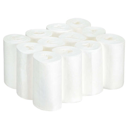 Twelve white rolls of Kimtech® Wettask™ DS Wipes small rolls from Kimberly-Clark GmbH stand upright in three rows, showing their soft, cylindrical shape - ideal for versatile cleaning. Each box contains 12 refill packs with 55 sheets per roll.